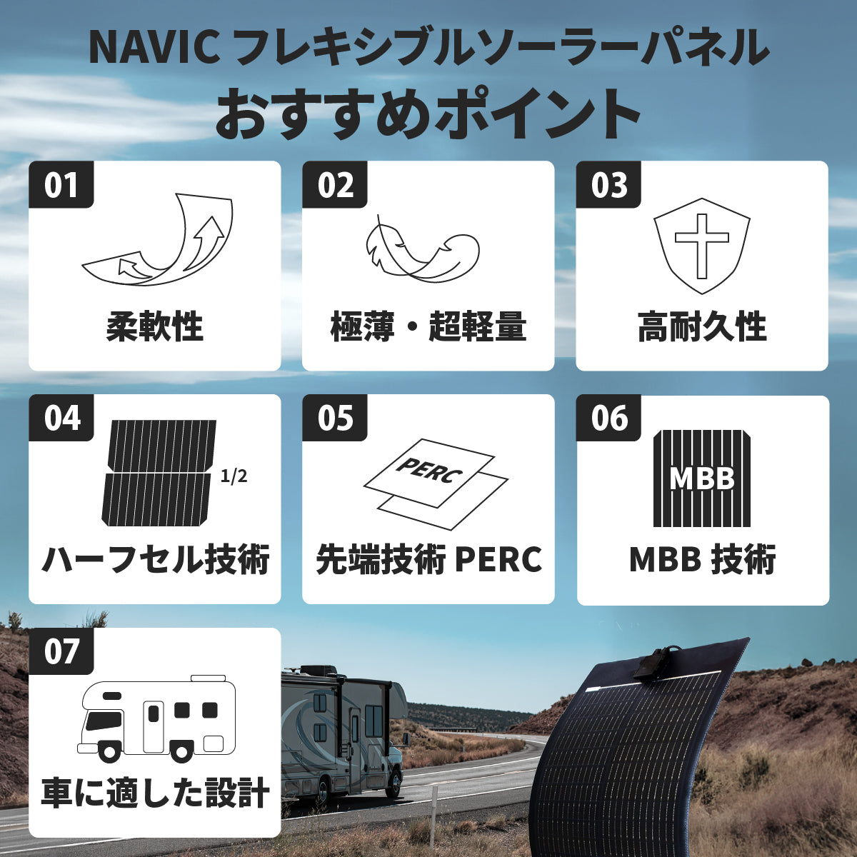 50W フレキシブルソーラーパネル N50WFLB